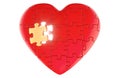 Red heart from puzzles without one gold piece with light inside, 3D rendering Royalty Free Stock Photo