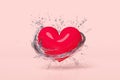 Red heart with refreshing water splash isolated on pink background. health love or world heart day or Valentine`s Day concept, 3d