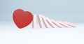 Red heart that resists falling dominoes, 3d illustration