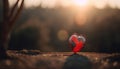 Red heart resting on the ground on a background of sunrise. Bokeh background