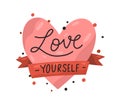 Red heart and ribbon with inscription Love yourself vector flat illustration. Cute symbol for self acceptance with Royalty Free Stock Photo