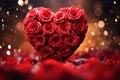 Red heart with rose flowers around bokeh effect. Heart as a symbol of affection and Royalty Free Stock Photo