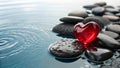 Red Heart Ruby on Black Pebbles in Water. panorama background banner Royalty Free Stock Photo