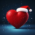 Red heart with Santa\'s hat around the speck of white dust dark background. Heart as a symbol of affe and love Royalty Free Stock Photo