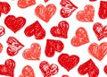 Red heart seamless pattern. Oil pastel painting. Grunge hearts on white background. Vector illustration, Crayon picture Royalty Free Stock Photo