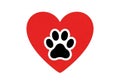 Red heart shape with a black paw print centered inside. The paw print features four toes and a pad. Royalty Free Stock Photo