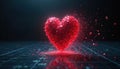 Red heart shape forms from many small digital blocks, cubes. Heart dissolves into tiny particles, fragments scatter on dark tech Royalty Free Stock Photo