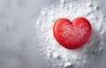 red heart shape macaron cookie on grey snowy background top view