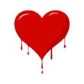 Red heart shape melting with drops in flat design on white background.