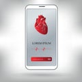 Red heart shape with pulse line, doctor`s hand holding a stethoscope through the phone screen checking heartbeat. Tele, online, r Royalty Free Stock Photo