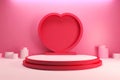 Red heart shape standing on product podium on minimal pink background with geometric figures