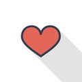 Red heart shape thin line flat color icon. Linear vector symbol. Colorful long shadow design.