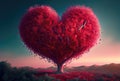 Red heart shape tree landscape with sky background. Valentines day and romance concept. Digital art illustration. Generative AI Royalty Free Stock Photo