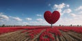 red heart shaped tree on rose field. Beautiful spring flower landscape Royalty Free Stock Photo