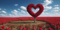 red heart shaped tree on rose field. Beautiful spring flower landscape Royalty Free Stock Photo