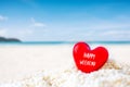 Red Heart shape on white sand beach ,Image for love valentine day or summer vacation concept Royalty Free Stock Photo