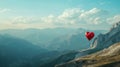Red Heart Shaped Balloon Flying Over a Mountain Range