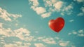 A red heart shaped balloon flying in the sky with a blue cloudy background, AI Royalty Free Stock Photo