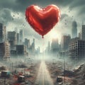 A red heart-shaped balloon with a ruined city in the background. Royalty Free Stock Photo