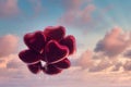 Red heart-shaped balloons with dramatic sky background in vintage style, concept of love in summer and valentine, wedding