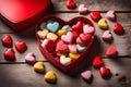 Red heart-shaped box with delicious multi-colored candies on a wooden table