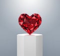 Red heart shaped diamond, 3d exhibit displays. Spotlight illuminates pedestal