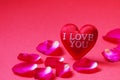 A red heart shaped with I Love You and Rose petals on red background Royalty Free Stock Photo