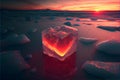 Red heart shaped ice block on frozen icy background at sunset valentine\'s love concept