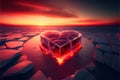 Red heart shaped ice block on frozen icy background at sunset valentine\'s love concept