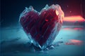 Red heart shaped ice block on frozen icy background at sunset valentine\'s love concept