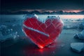 Red heart shaped ice block on frozen icy background at sunset valentine\'s love concept