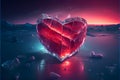 Red heart shaped ice block on frozen icy valentine\'s love concept