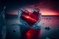 Red heart shaped ice block on frozen icy valentine\'s love concept