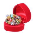 red heart shaped jewelry box with jewelry isolated on white Royalty Free Stock Photo