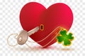 Red heart shaped lock and key with lucky leaf clover Royalty Free Stock Photo