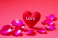 A red heart shaped with Love and Rose petals on red background Royalty Free Stock Photo