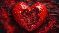 a red heart shaped object on a black surface covered in blood