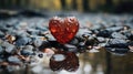 A red heart shaped object sitting on top of a river.