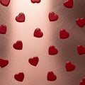 Red heart-shaped objects are scattered on a textured, metallic surface with a circular Royalty Free Stock Photo
