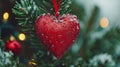 A red heart shaped ornament hanging from a christmas tree, AI Royalty Free Stock Photo