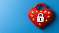 Red heart shaped padlock golden stars on blue background symbolizing data security privacy protection digital encryption in