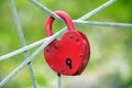 Red heart-shaped padlock hanging on the ropes on green background Royalty Free Stock Photo