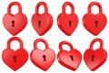 Red heart shaped padlock set. Valentine day design elements. 3D rendering.