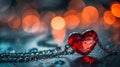 A red heart shaped pendant on a chain with blurry lights, AI Royalty Free Stock Photo