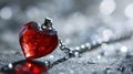 A red heart shaped pendant on a chain with water droplets, AI Royalty Free Stock Photo