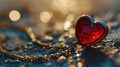 A red heart shaped pendant on a chain with water droplets, AI Royalty Free Stock Photo