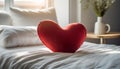 Red heart-shaped pillow on top of bed, Soft and cozy. Minimalistic bedroom Royalty Free Stock Photo