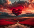 Red heart shaped sky at sunset. Beautiful landscape with road and clouds. AI generated Royalty Free Stock Photo