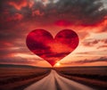 Red heart shaped sky at sunset. Beautiful landscape with road and clouds. AI generated Royalty Free Stock Photo