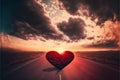 Red heart shaped sky at sunset. Beautiful landscape with road and clouds.Love background with copy space. Generative AI Royalty Free Stock Photo